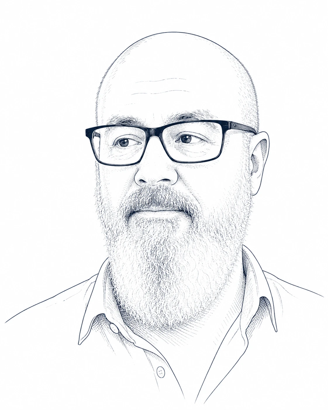 Line drawing portrait of Rich Flynn — bald, glasses, full beard, collared shirt