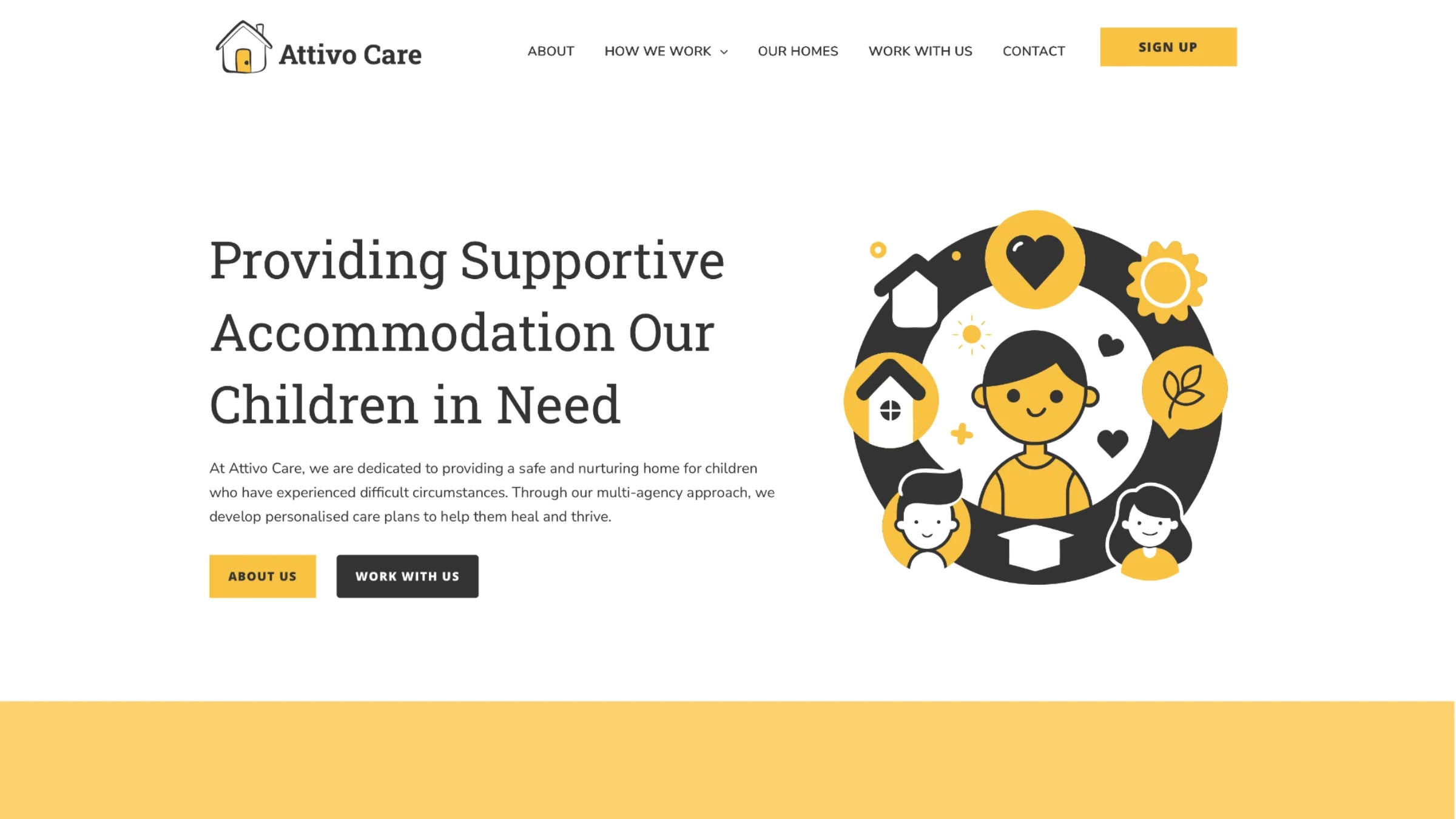 Attivo Care homepage — Providing Supportive Accommodation Our Children in Need, with a warm yellow accent and custom SVG illustration of children and carers