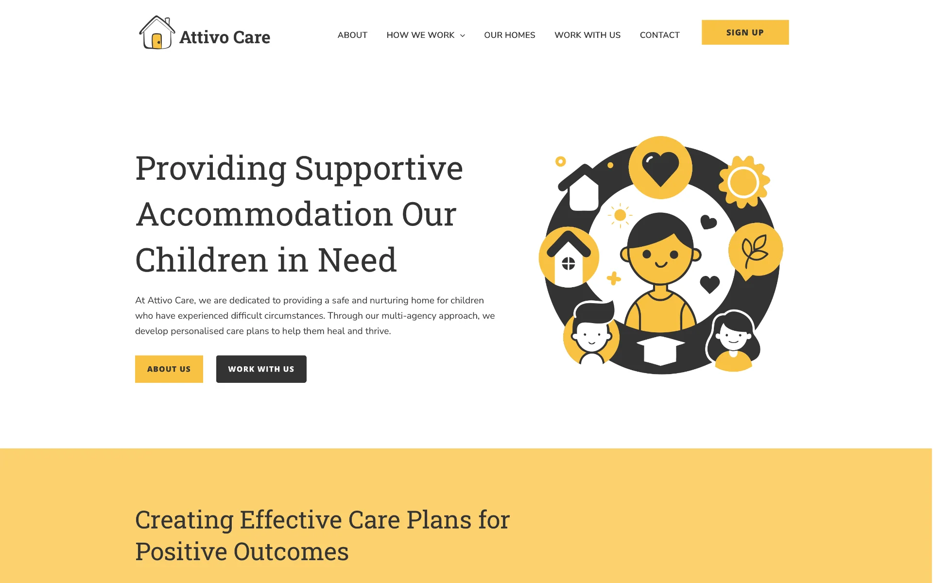 Attivo Care’s rebuilt site — Providing Supportive Accommodation Our Children in Need, with a custom SVG illustration of children and carers, warm yellow accent, and proper navigation